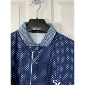 Greyson Men's Golf Polo, SZ L, Navy Blue W/Polkadots.  Moisture Wicking, NWOT